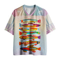 Vintage Japanese Fish Folk Art Print Mesh Jersey