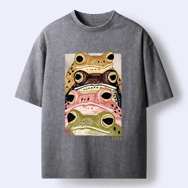 Kyoto-Lion Whimsical Multi Colored Frog Art Washed T-Shirt