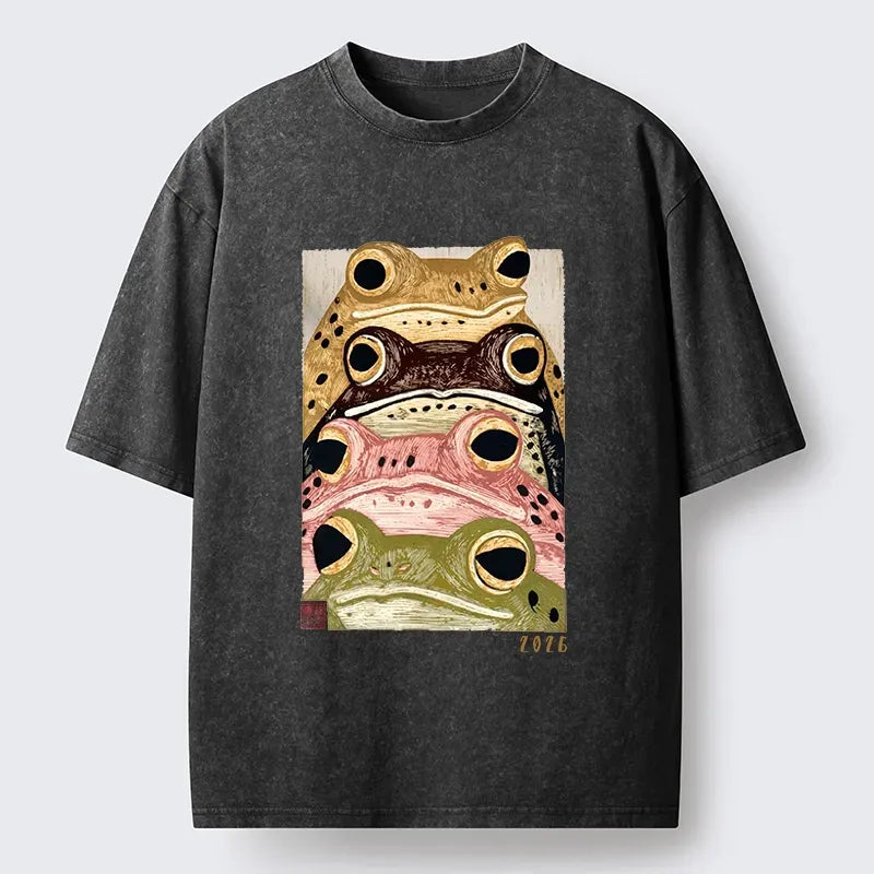 Kyoto-Lion Whimsical Multi Colored Frog Art Washed T-Shirt