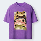 Kyoto-Lion Whimsical Multi Colored Frog Art Washed T-Shirt