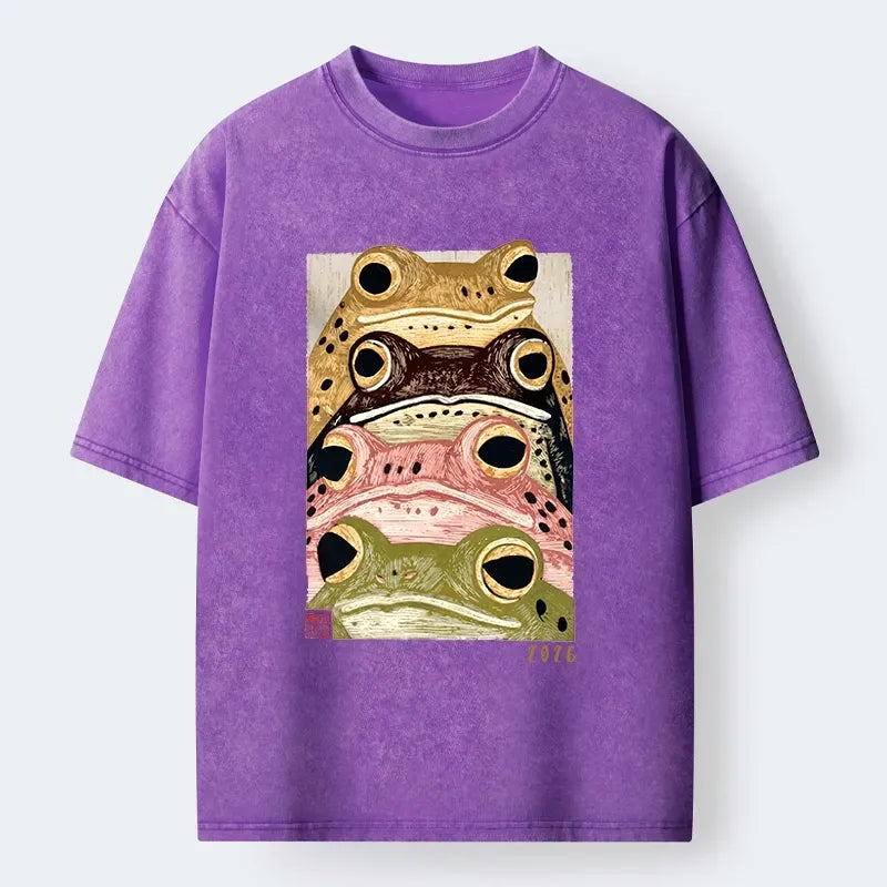 Kyoto-Lion Whimsical Multi Colored Frog Art Washed T-Shirt