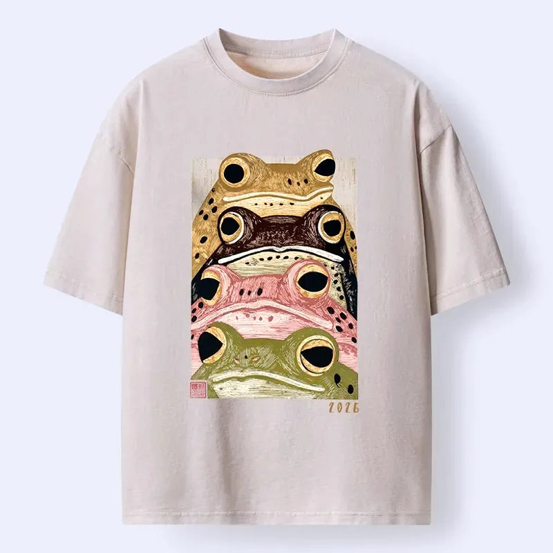 Kyoto-Lion Whimsical Multi Colored Frog Art Washed T-Shirt
