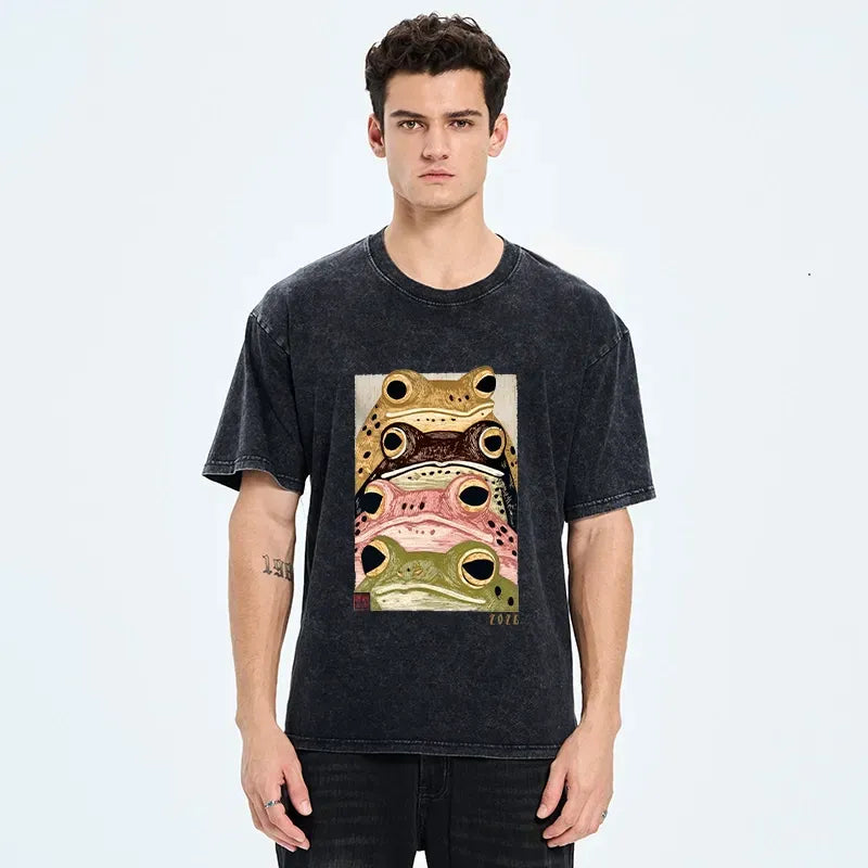 Kyoto-Lion Whimsical Multi Colored Frog Art Washed T-Shirt