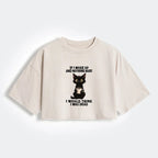 Kyoto-Lion Funny Cute Black Cat And Coffee Meme Women's Washed Crop T-Shirt