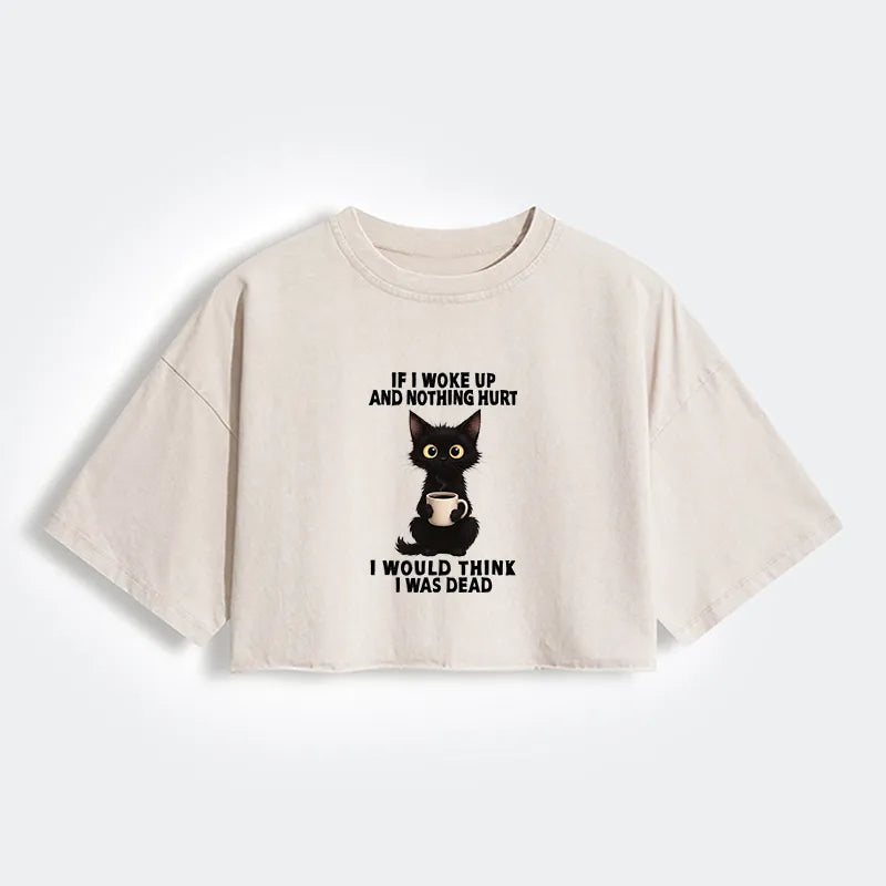 Kyoto-Lion Funny Cute Black Cat And Coffee Meme Women's Washed Crop T-Shirt