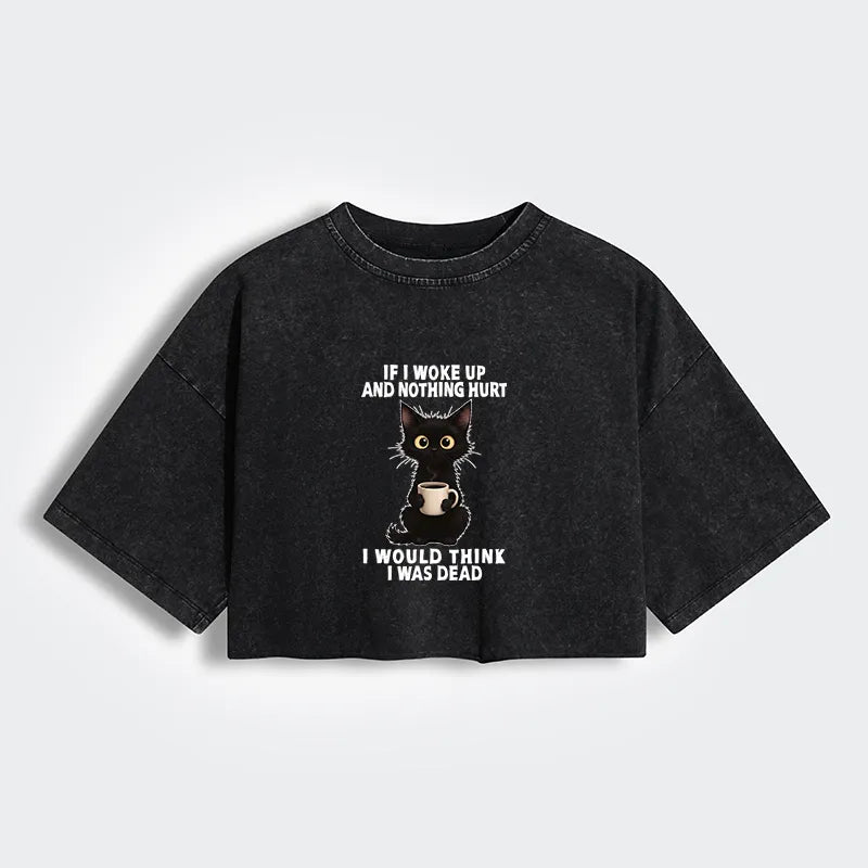 Kyoto-Lion Funny Cute Black Cat And Coffee Meme Women's Washed Crop T-Shirt