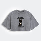 Kyoto-Lion Funny Cute Black Cat And Coffee Meme Women's Washed Crop T-Shirt