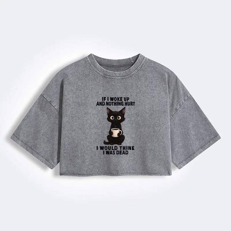 Kyoto-Lion Funny Cute Black Cat And Coffee Meme Women's Washed Crop T-Shirt