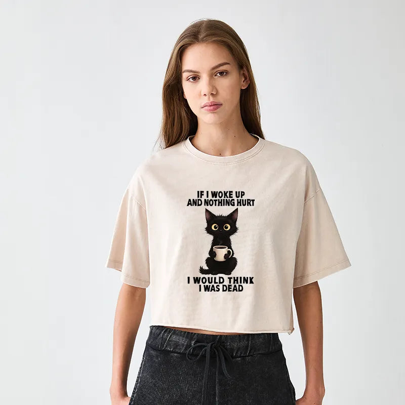 Kyoto-Lion Funny Cute Black Cat And Coffee Meme Women's Washed Crop T-Shirt