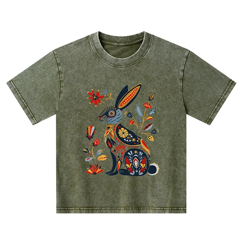 Kyoto-Lion Folk Hare Bloom Kids Washed T-Shirt