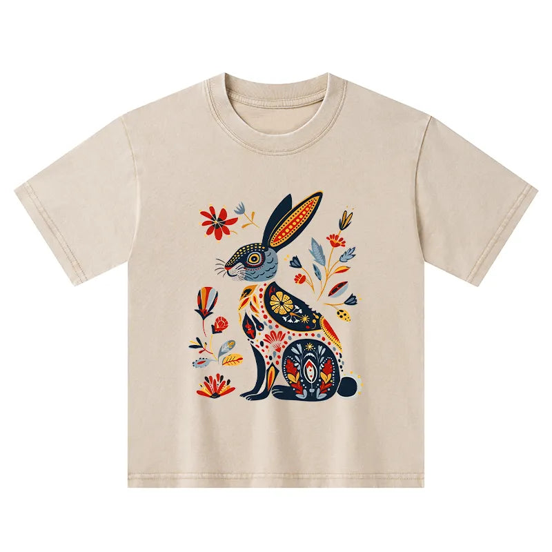 Kyoto-Lion Folk Hare Bloom Kids Washed T-Shirt