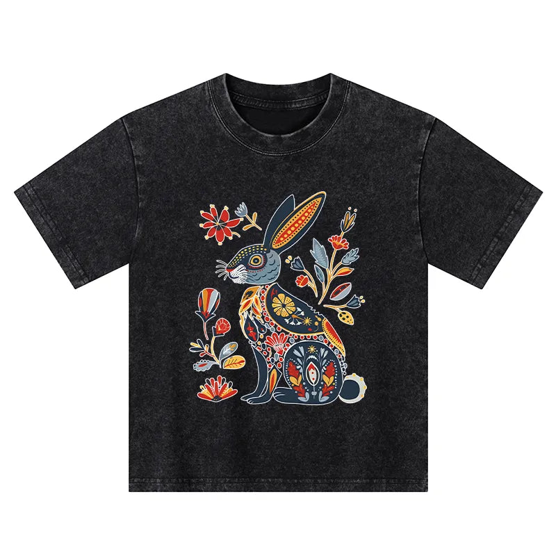 Kyoto-Lion Folk Hare Bloom Kids Washed T-Shirt