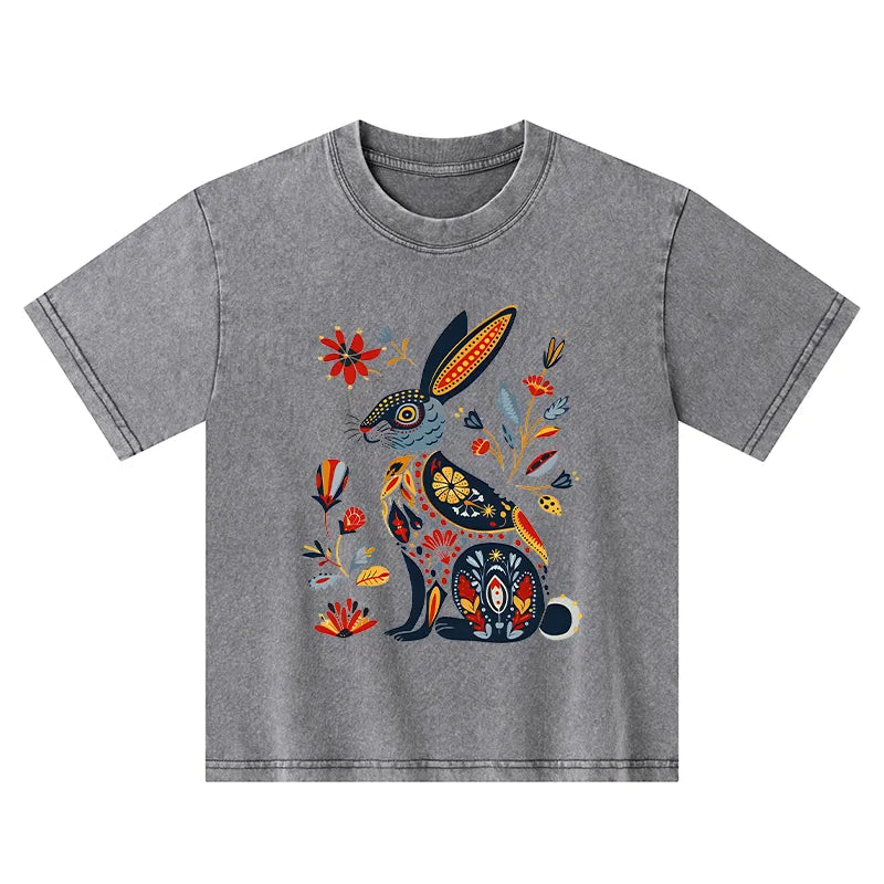 Kyoto-Lion Folk Hare Bloom Kids Washed T-Shirt