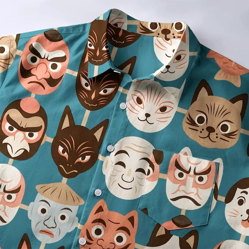 Japanese Mask Button-up Shirt for Daily Wear