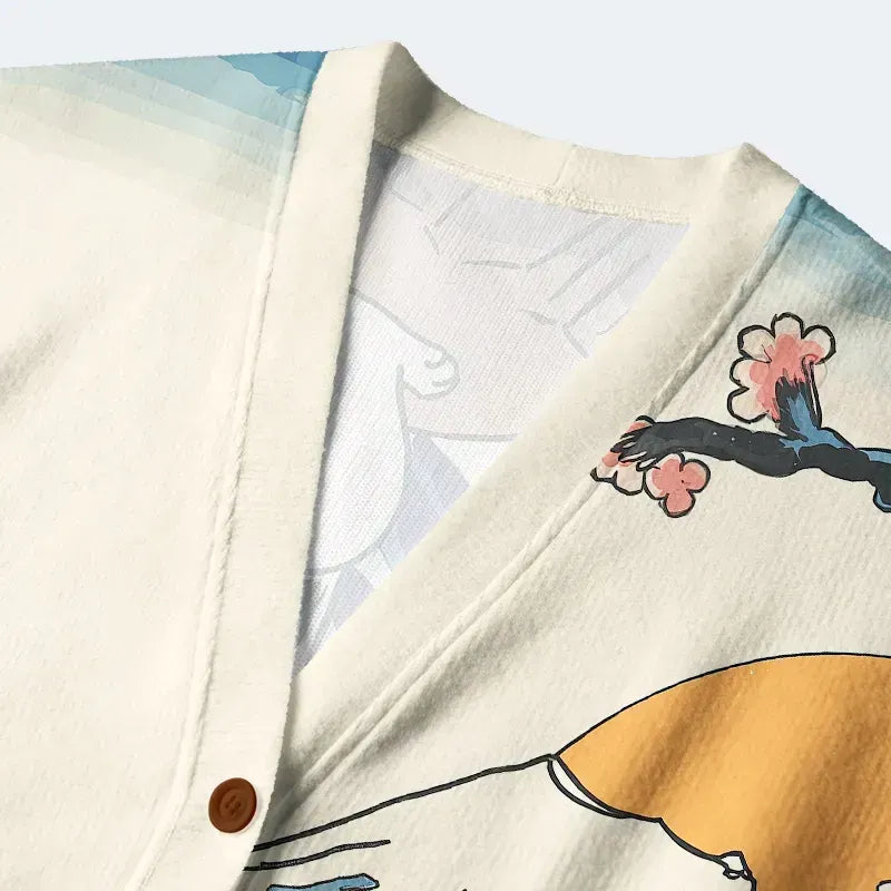 Kyoto-Lion Cat Looking At The Great Wave Ugly Cardigan Sweater