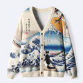 Kyoto-Lion Cat Looking At The Great Wave Ugly Cardigan Sweater