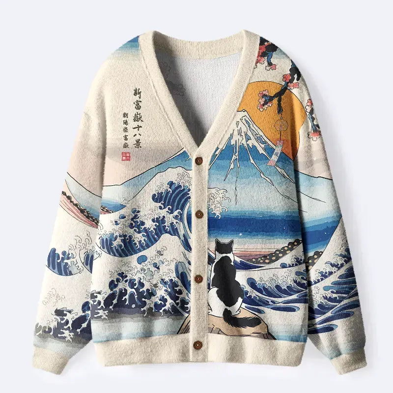 Kyoto-Lion Cat Looking At The Great Wave Ugly Cardigan Sweater