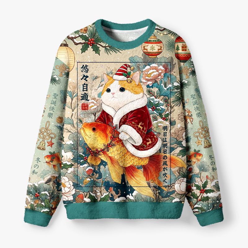 Kyoto-Lion Lucky Koi Cat Fuzzy Christmas Ugly Sweatshirt