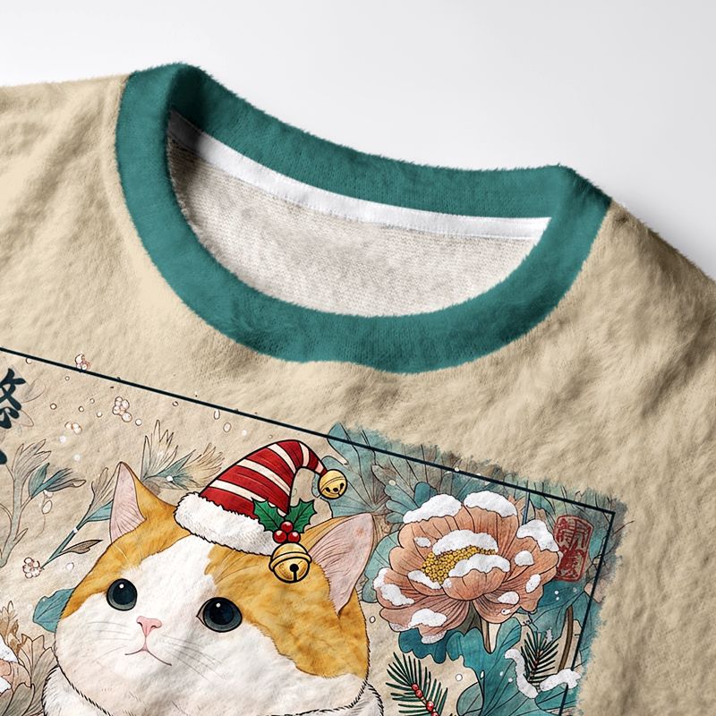 Kyoto-Lion Lucky Koi Cat Fuzzy Christmas Ugly Sweatshirt