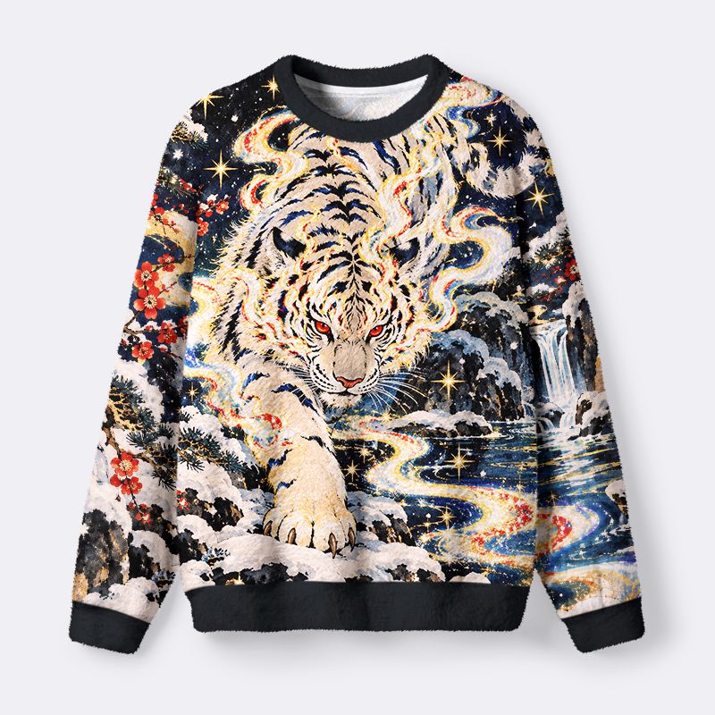 Kyoto-Lion Snow Mountain White Tiger Fuzzy Christmas Ugly Sweatshirt