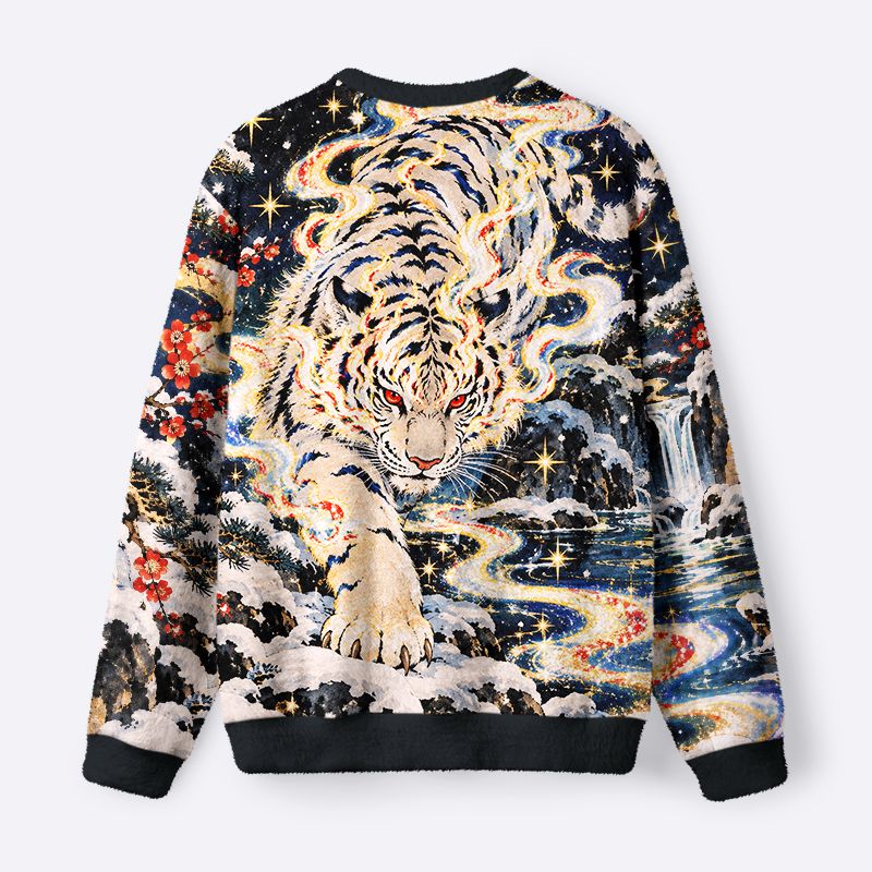 Kyoto-Lion Snow Mountain White Tiger Fuzzy Christmas Ugly Sweatshirt
