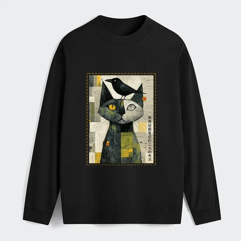 Funny Cat and Crow Graphic Tee for Everyday Wear
