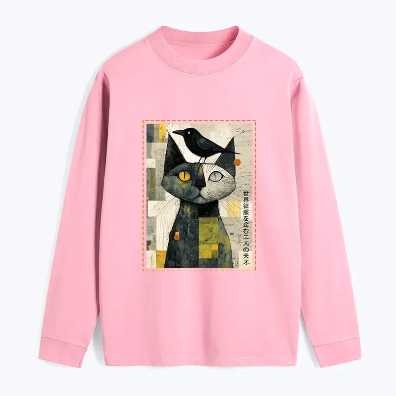 Japanese Cat Crow Long Sleeve T-Shirt for Summer