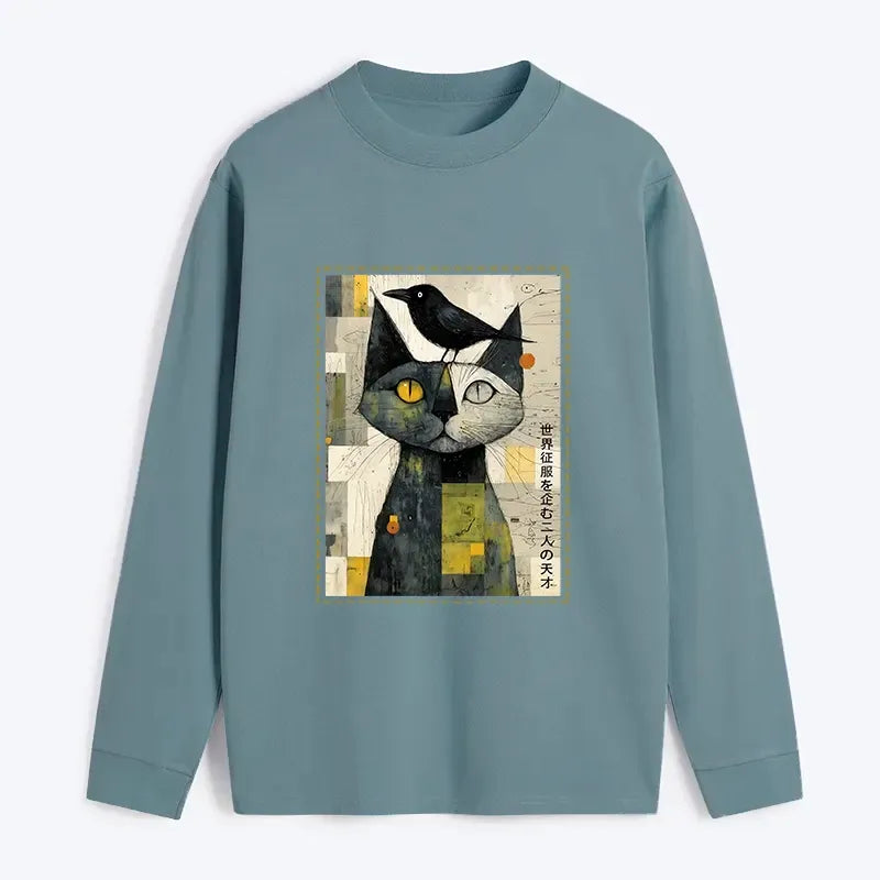 Funny Cat and Crow Graphic Tee for Everyday Wear