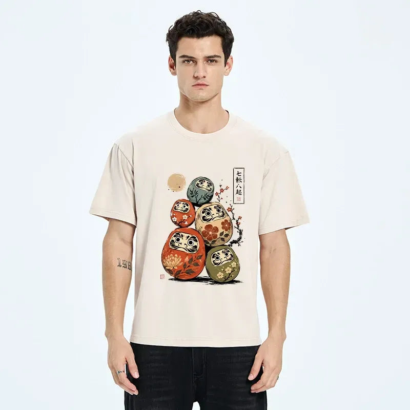 Kyoto-Lion Five Daruma Plum Blossom Japanese Art Washed T-Shirt