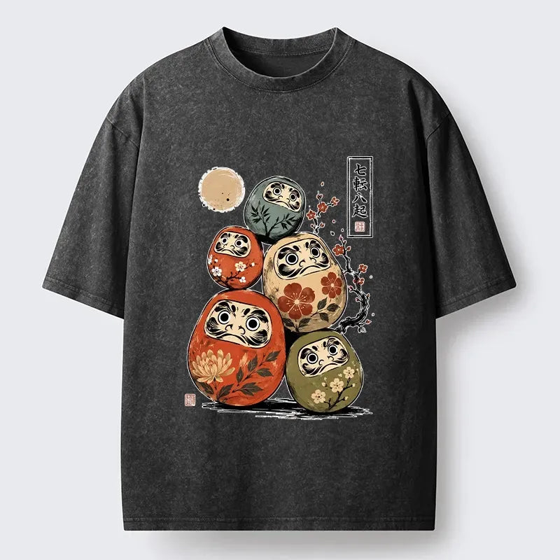Kyoto-Lion Five Daruma Plum Blossom Japanese Art Washed T-Shirt