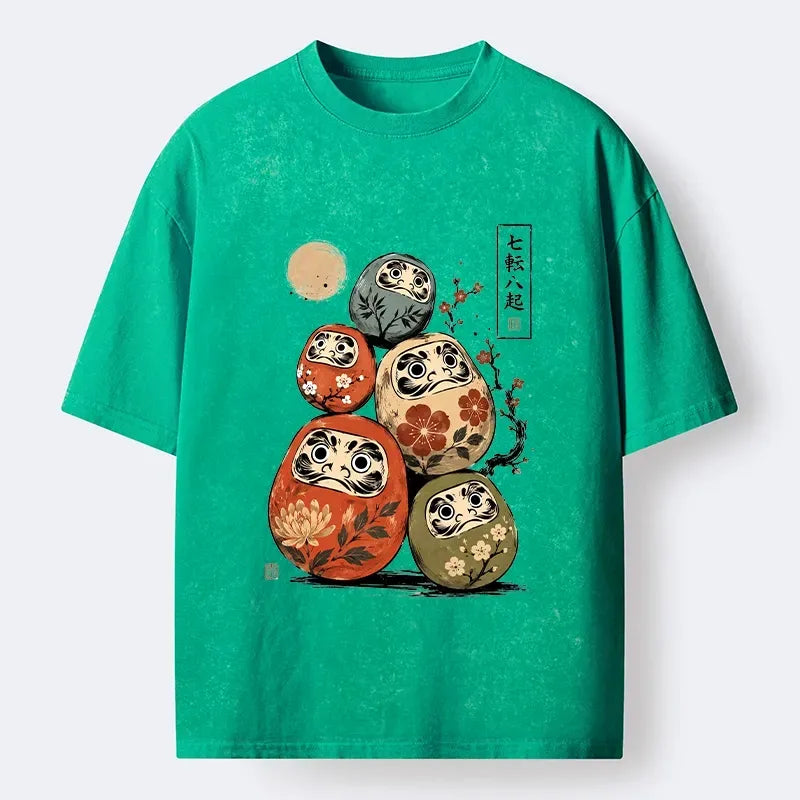 Kyoto-Lion Five Daruma Plum Blossom Japanese Art Washed T-Shirt