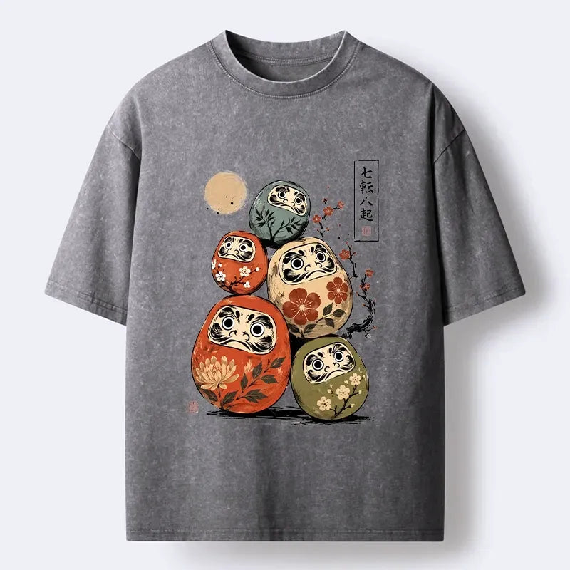Kyoto-Lion Five Daruma Plum Blossom Japanese Art Washed T-Shirt