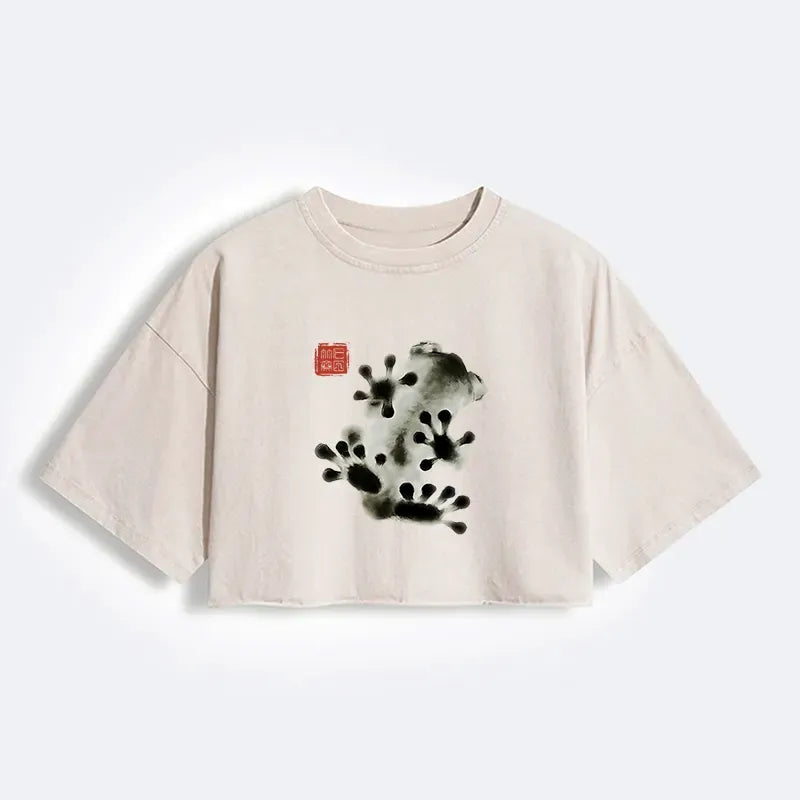 Kyoto-Lion Ink Painting Frog Women's Washed Crop T-Shirt