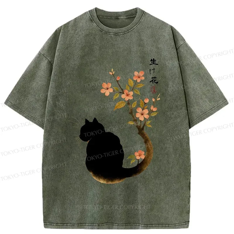 Kyoto-Lion Retro Cat Tail Flowers Washed T-Shirt