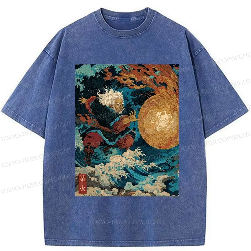 Kyoto-Lion Samurai Controls Fireball Washed T-Shirt