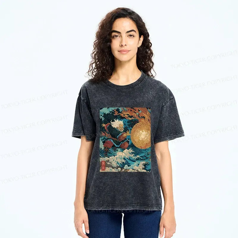 Kyoto-Lion Samurai Controls Fireball Washed T-Shirt