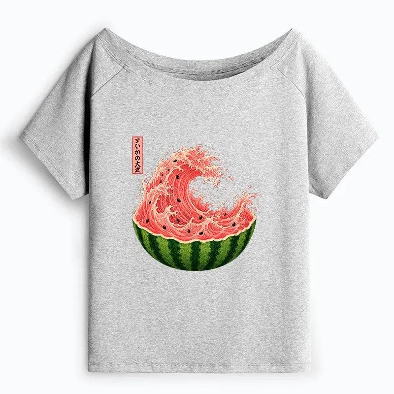 Kyoto-Lion Watermelon Wave Summer Ukiyo Art Off Shoulder T-Shirt