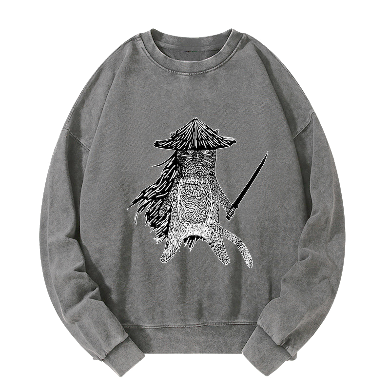 Kyoto-Lion Japanese Samurai Cat Washed Sweatshirt