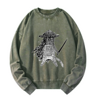 Kyoto-Lion Japanese Samurai Cat Washed Sweatshirt