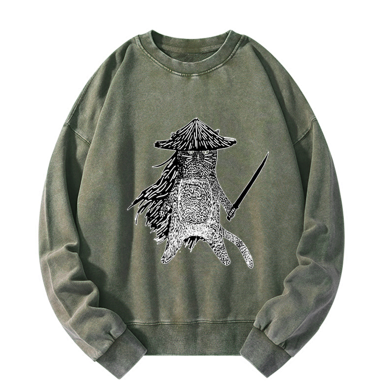 Kyoto-Lion Japanese Samurai Cat Washed Sweatshirt