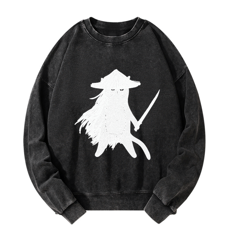 Kyoto-Lion Japanese Samurai Cat Washed Sweatshirt