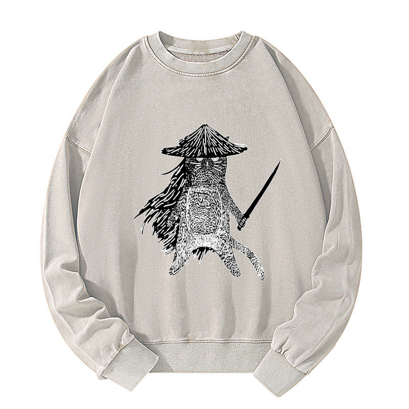 Unisex Washed Samurai Cat Sweatshirt