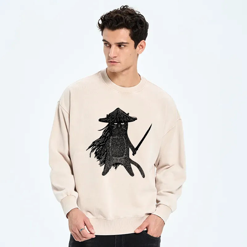 Kyoto-Lion Japanese Samurai Cat Washed Sweatshirt