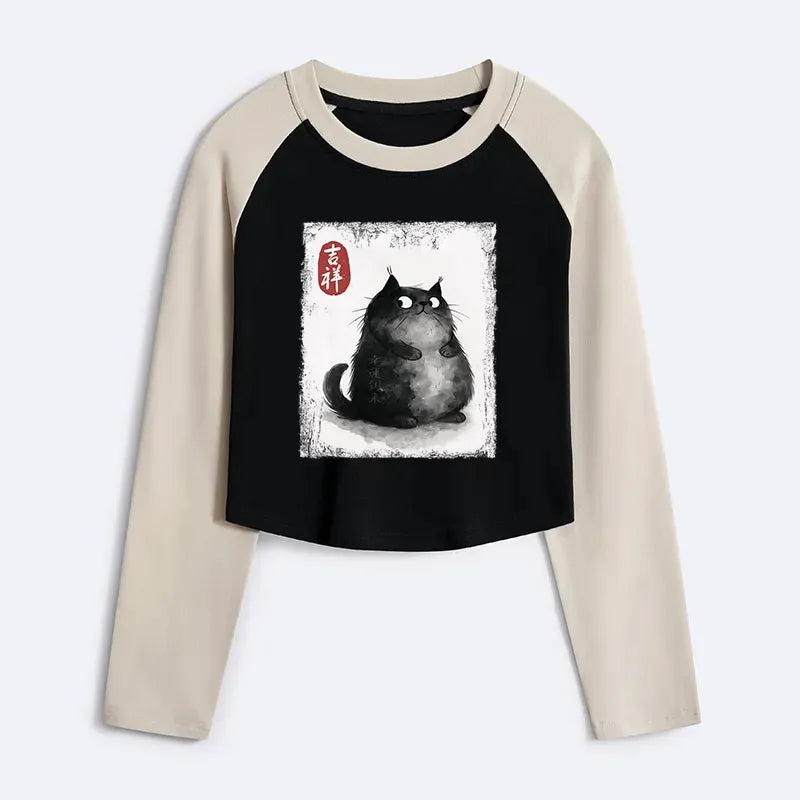 Kyoto-Lion Auspicious Fluffy Black Cat Ink Painting Women's Crop Raglan T-Shirt