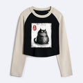 Kyoto-Lion Auspicious Fluffy Black Cat Ink Painting Women's Crop Raglan T-Shirt