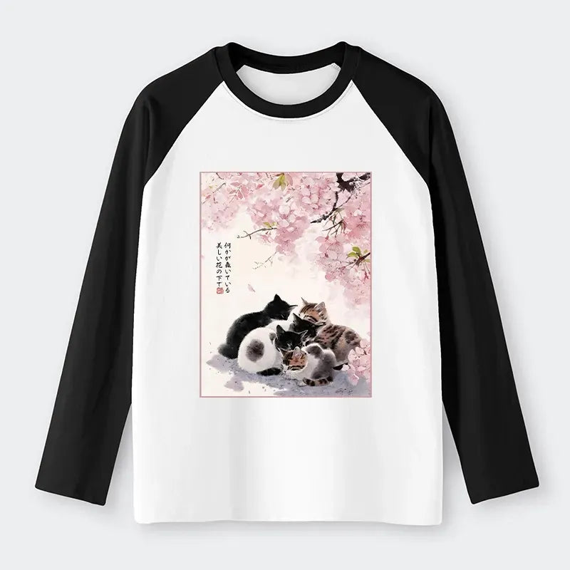 Kyoto-Lion Cute Cats Sakura Garden Raglan Long Sleeve T-shirt