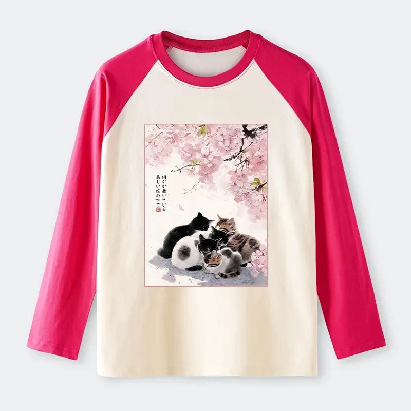 Kyoto-Lion Cute Cats Sakura Garden Raglan Long Sleeve T-shirt