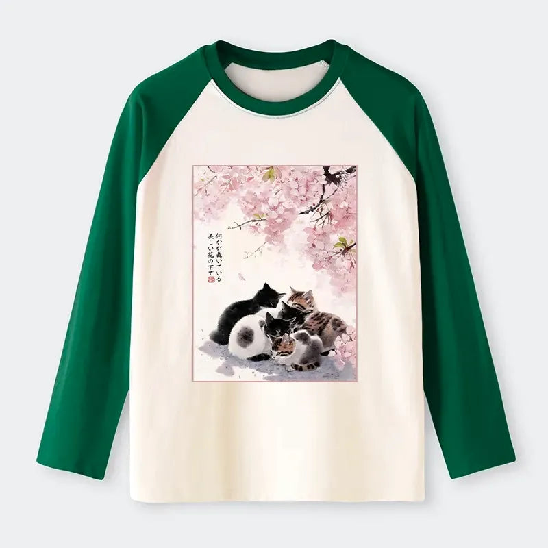 Kyoto-Lion Cute Cats Sakura Garden Raglan Long Sleeve T-shirt