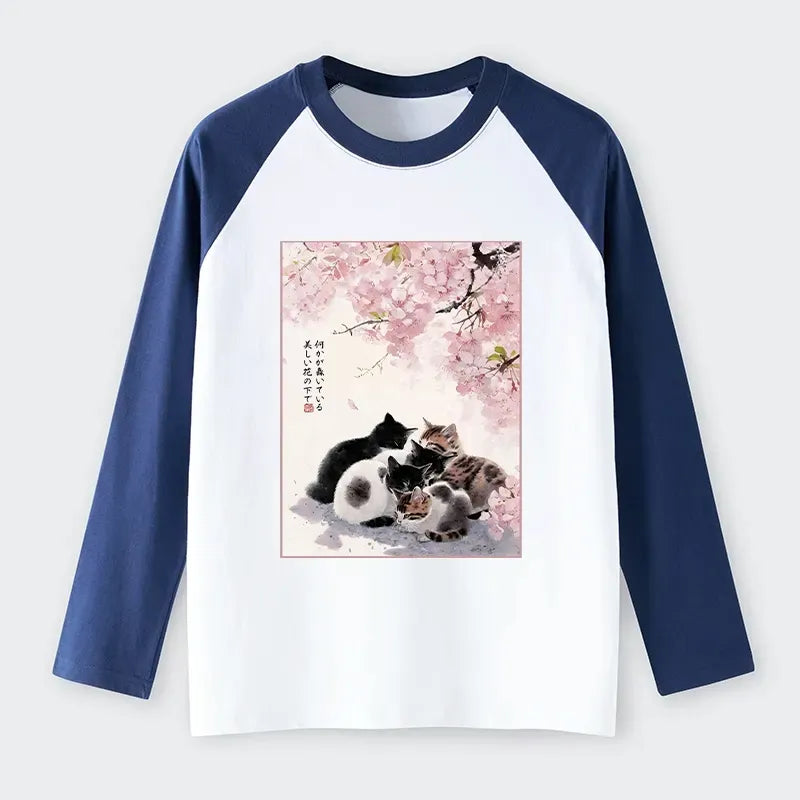 Kyoto-Lion Cute Cats Sakura Garden Raglan Long Sleeve T-shirt