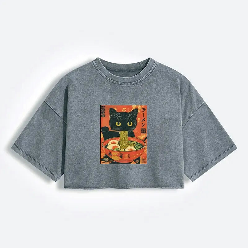 Kyoto-Lion Hungry Black Cat Loves Ramen Women's Washed Crop T-Shirt